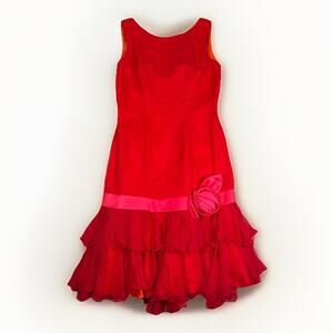 VTG Lilli Diamond Red Chiffon Ruffle Tiered Midi Dress Women's Size M 50s 60s